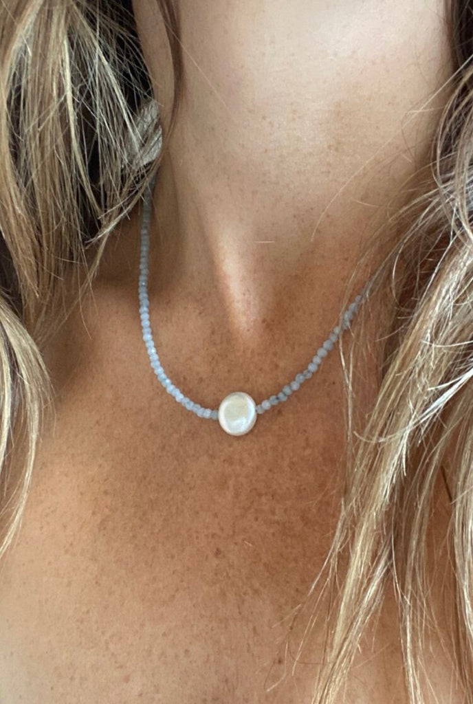 Petal Beaded Necklace in Angelite Blue
