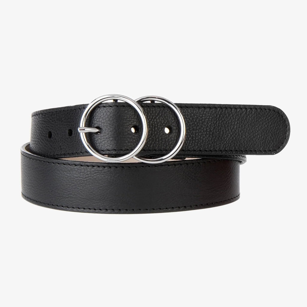 Black Leather Belt with Double Silver Rings