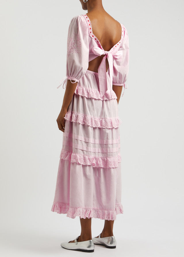 Rebecca Bow Back Maxi Dress in Pink Broderie