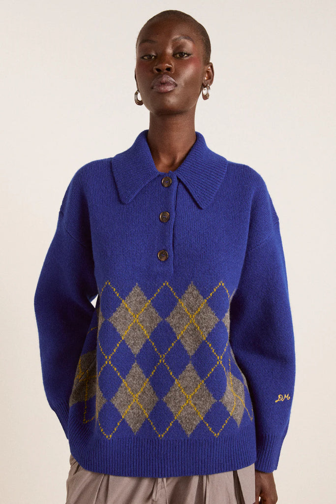 Saskia Slouchy Lambswool Rugby Jumper in Bold Argyle