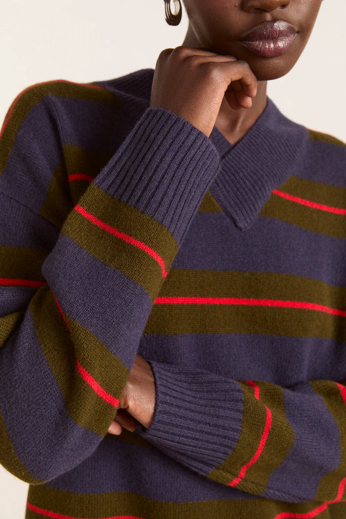 Odette V-Neck Merino Wool Jumper in Olive/Navy Stripe