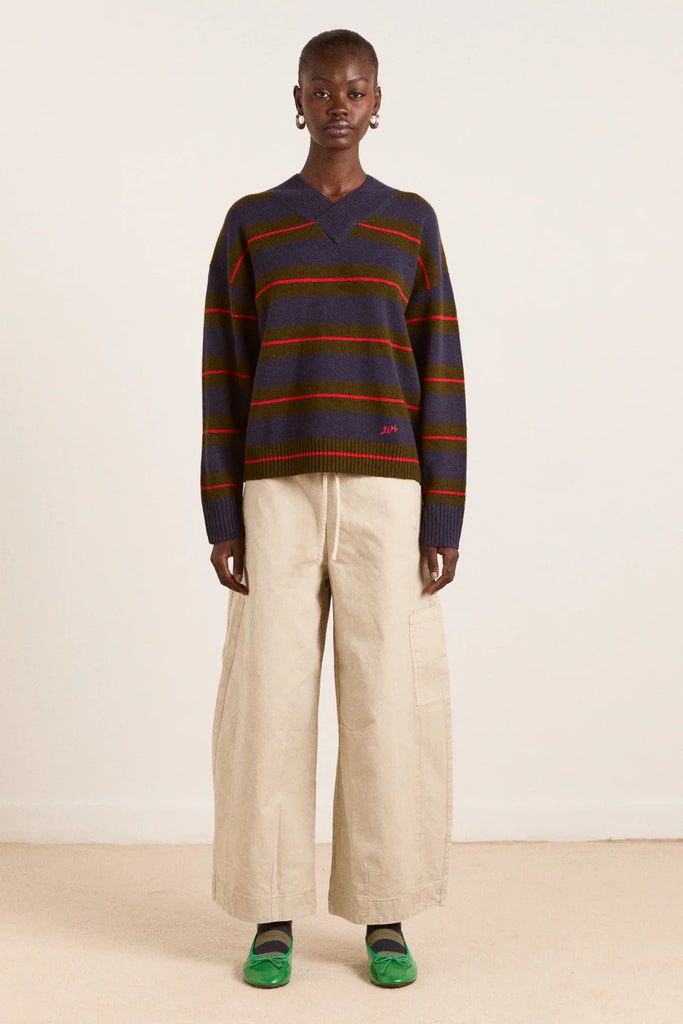 Odette V-Neck Merino Wool Jumper in Olive/Navy Stripe