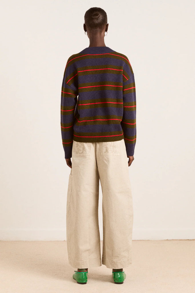 Odette V-Neck Merino Wool Jumper in Olive/Navy Stripe