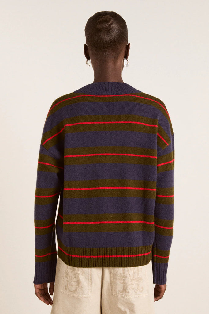Odette V-Neck Merino Wool Jumper in Olive/Navy Stripe