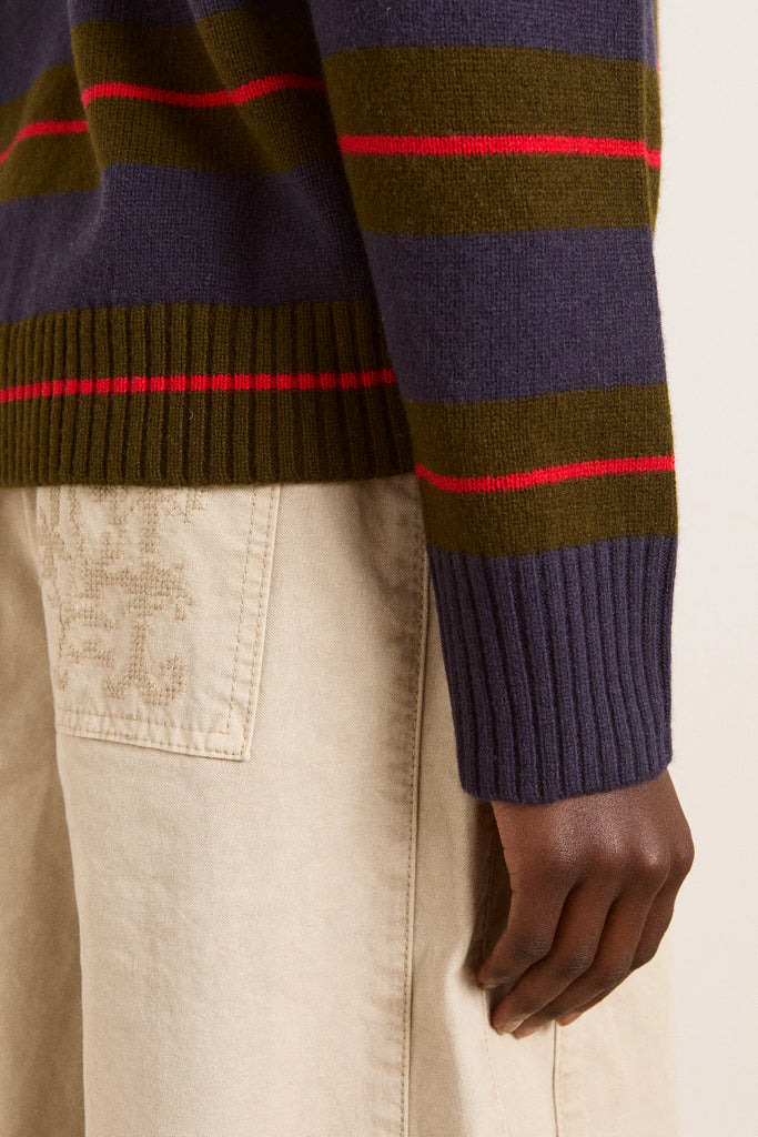 Odette V-Neck Merino Wool Jumper in Olive/Navy Stripe