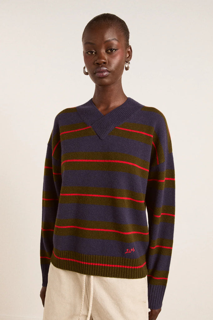 Odette V-Neck Merino Wool Jumper in Olive/Navy Stripe