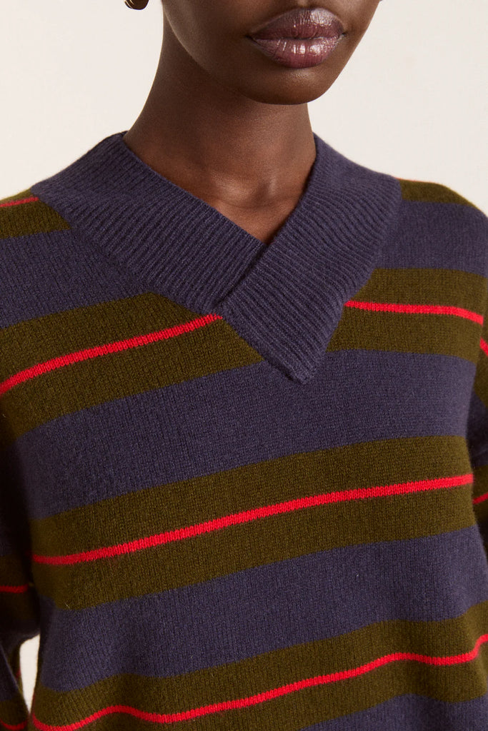 Odette V-Neck Merino Wool Jumper in Olive/Navy Stripe