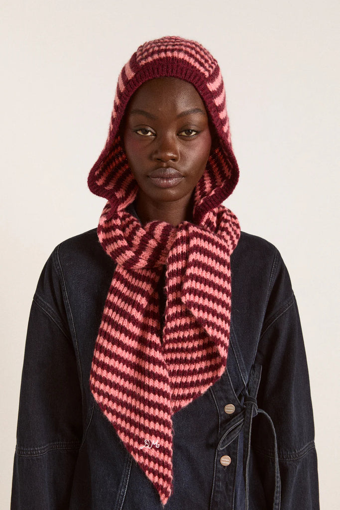 TIE FRONT HOOD IN PINK/BURG STRIPE