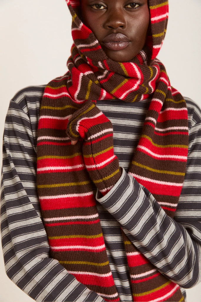 STRIPE HOODED SCARF IN CHOC MULTI STRIPE