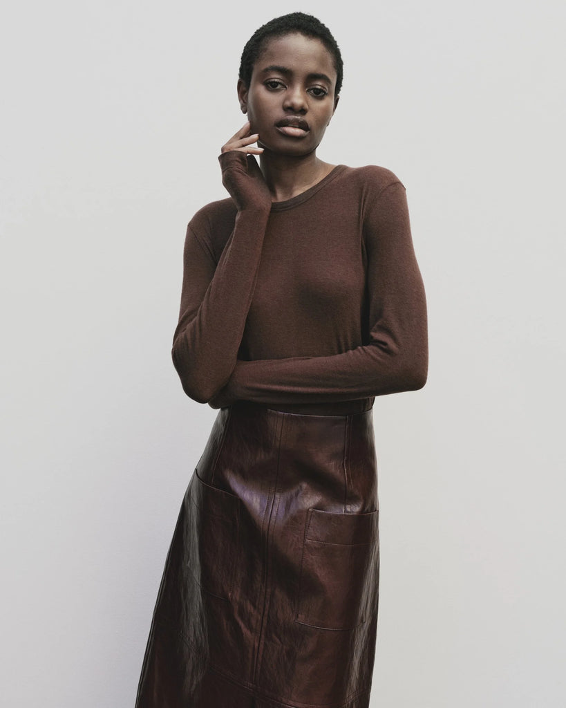 WOOL TENCEL CREW NECK TOP IN BROWN