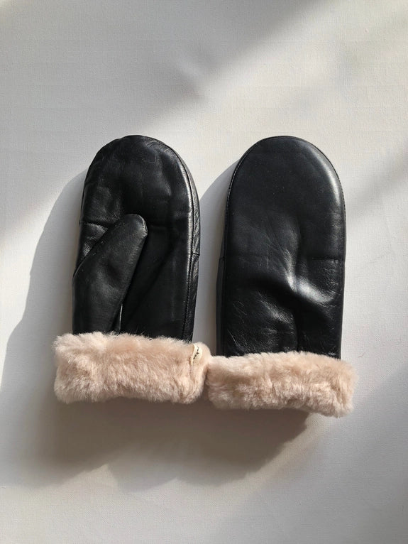 Leather Shearling Mittens in Black