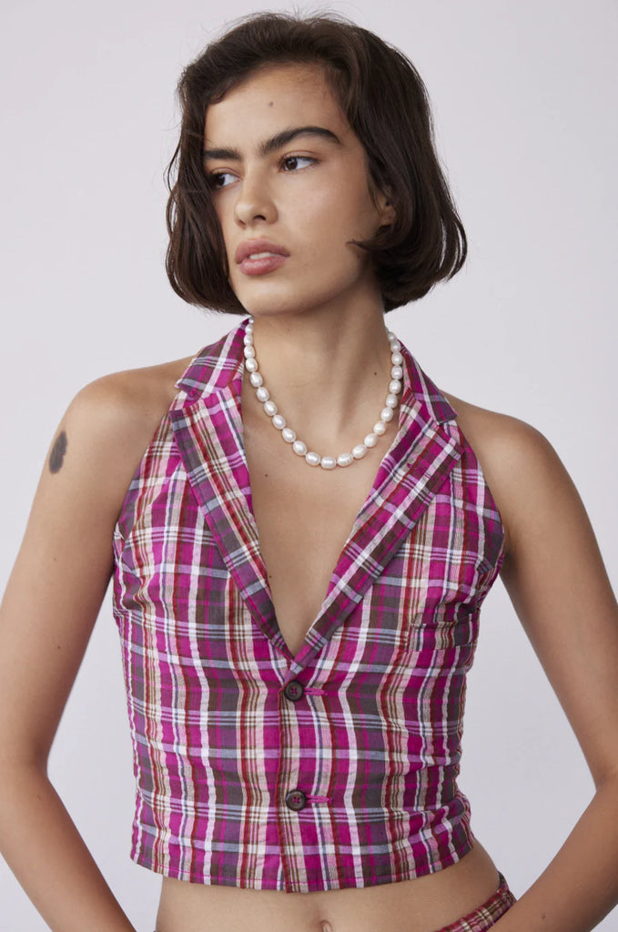 CHILLI HALTER TOP IN PINK PLAID