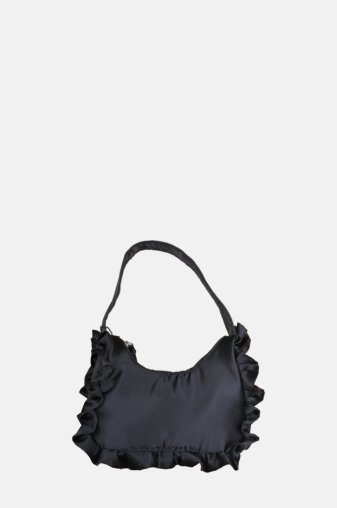 90's Frill Shoulder Bag in Black Satin