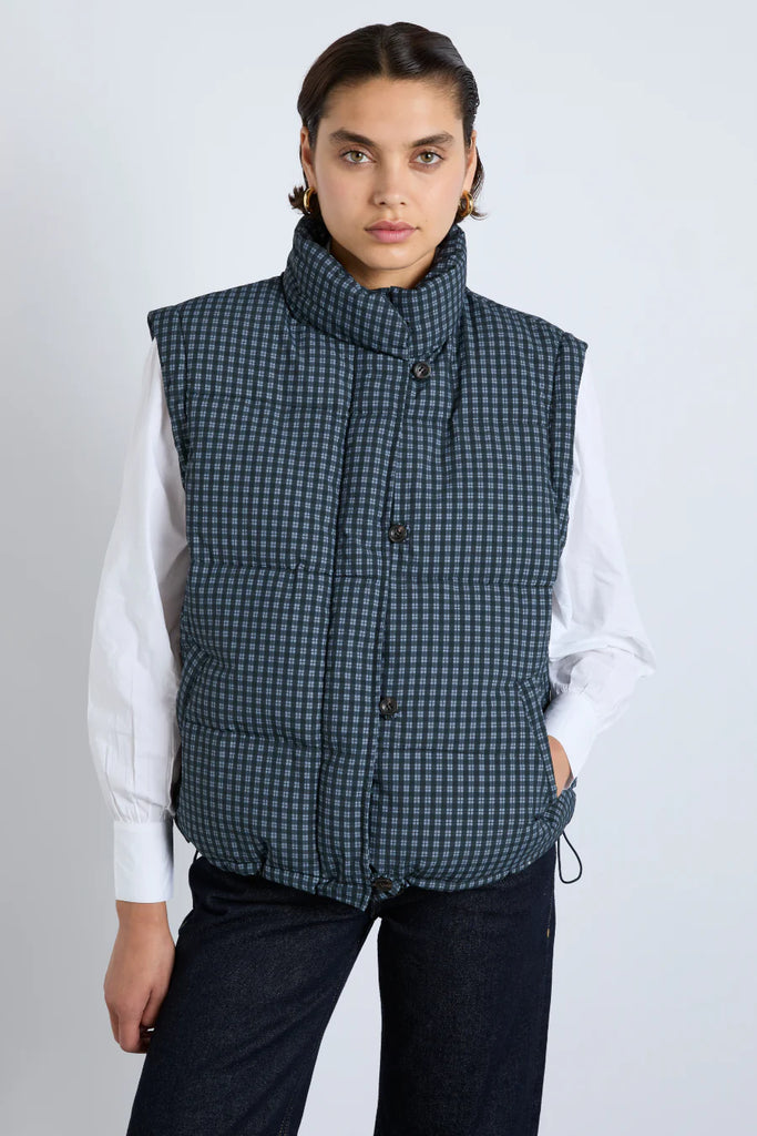 Pearl Puffer Coat in Navy Gingham