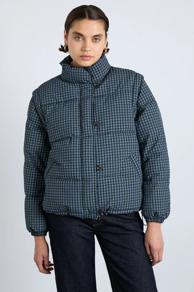 Pearl Puffer Coat in Navy Gingham