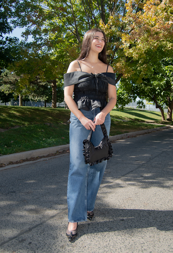 90's Frill Shoulder Bag in Black Satin