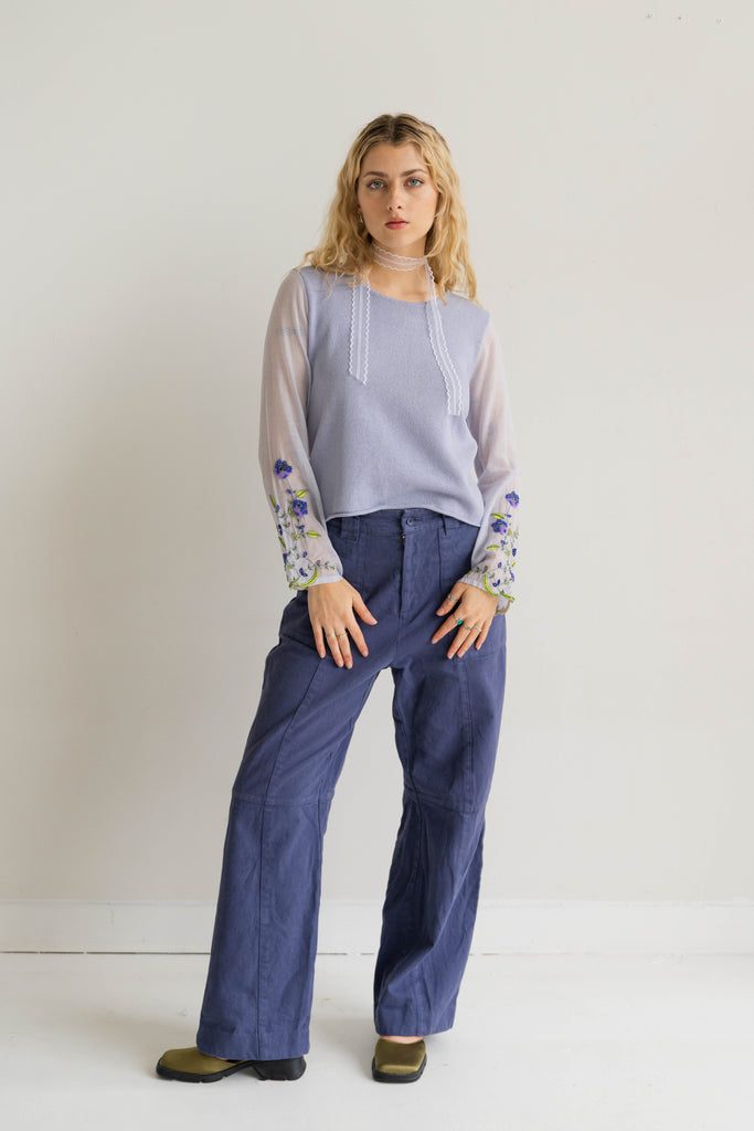 Lilac Sweater with Embroidered and Beaded Floral Sleeves