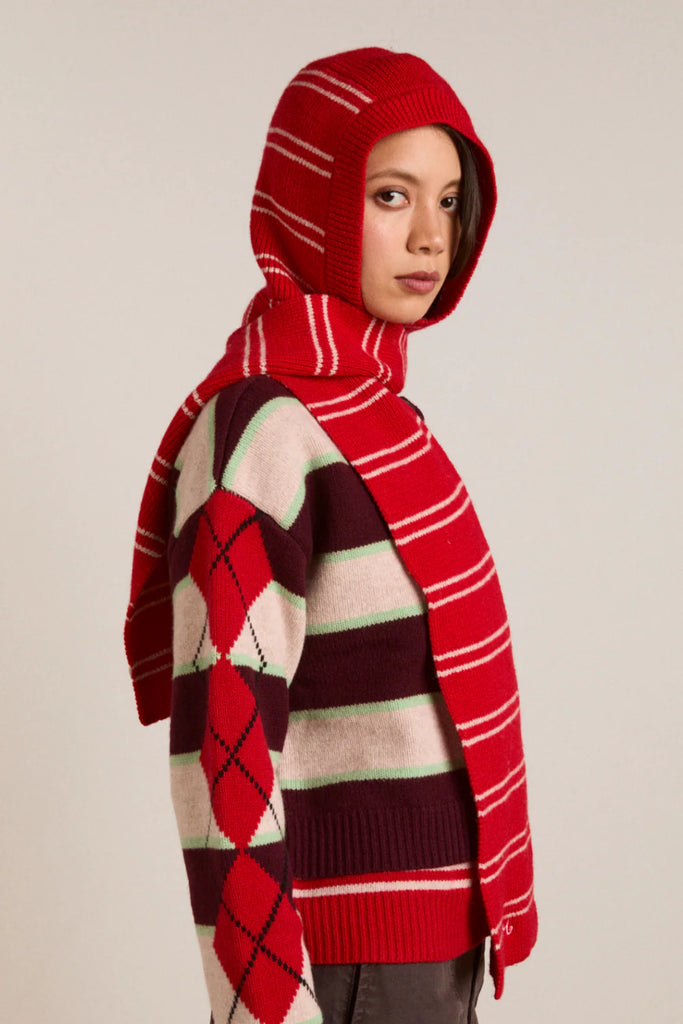 STRIPE HOODED SCARF IN RED AND OATMEAL STRIPE