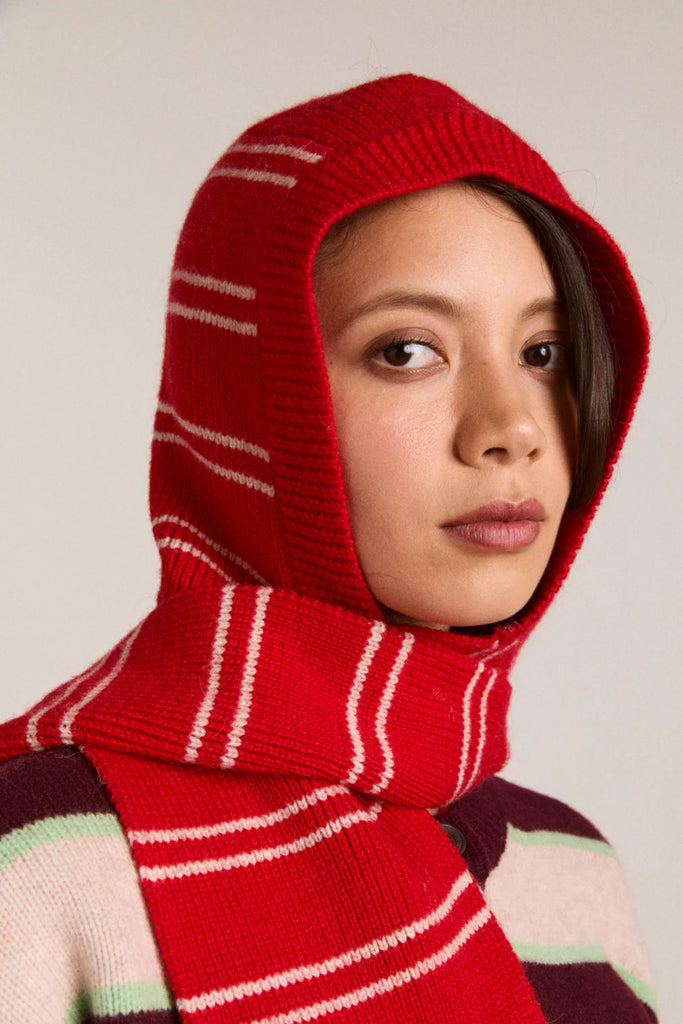 STRIPE HOODED SCARF IN RED AND OATMEAL STRIPE