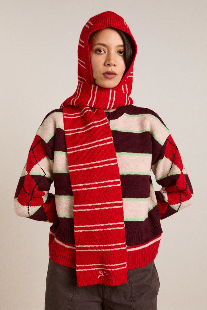 STRIPE HOODED SCARF IN RED AND OATMEAL STRIPE