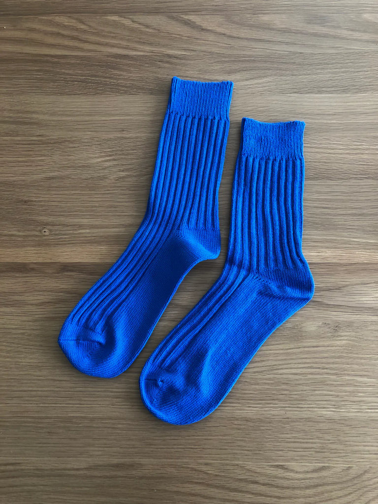 Ribbed Cotton High Socks in Ocean Blue