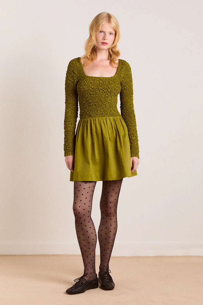 Malinda Smocked Mini Dress in Olive