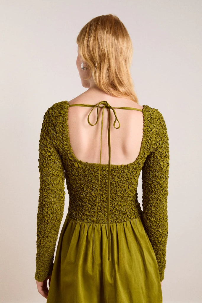 Malinda Smocked Mini Dress in Olive