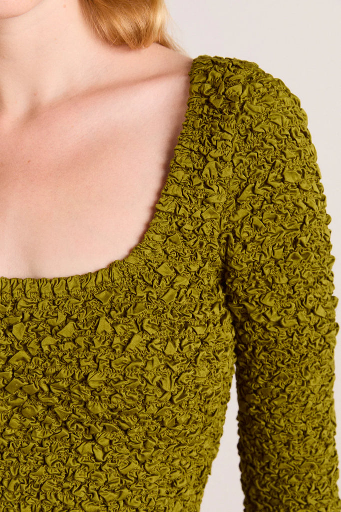 Malinda Smocked Mini Dress in Olive