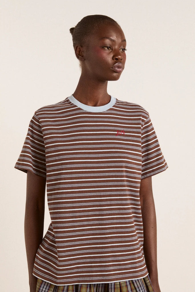 Ariel Relaxed Short Sleeve Tee in Blue and Brown Stripe