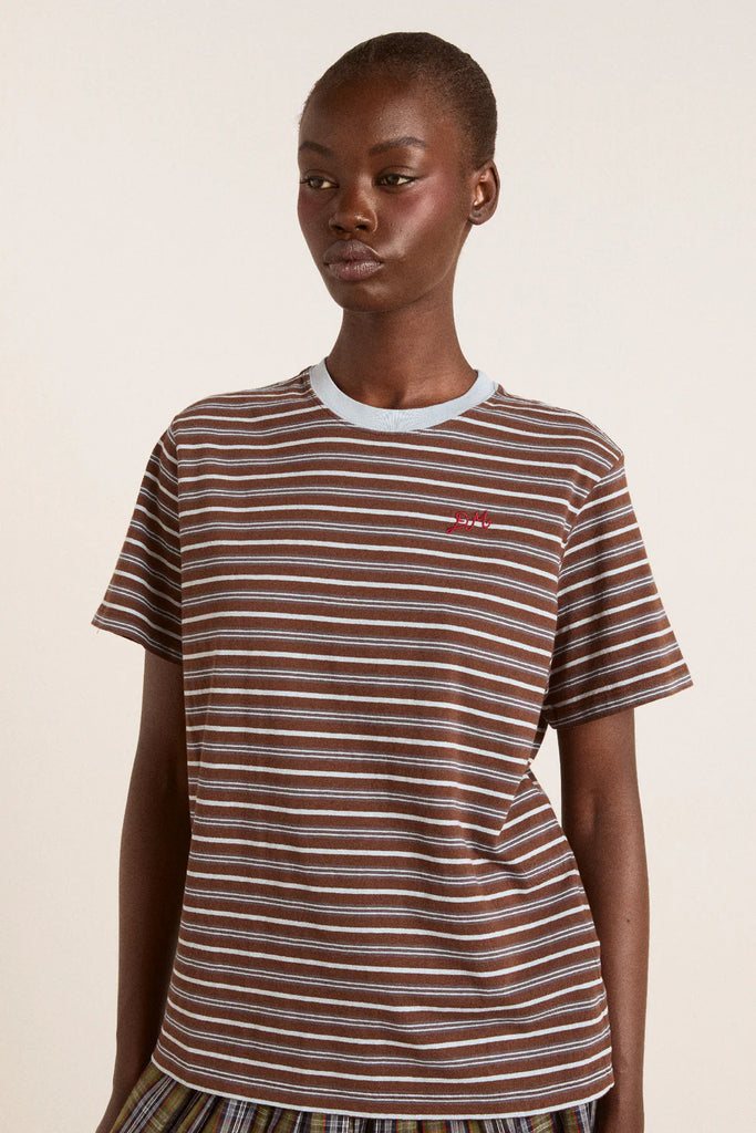Ariel Relaxed Short Sleeve Tee in Blue and Brown Stripe