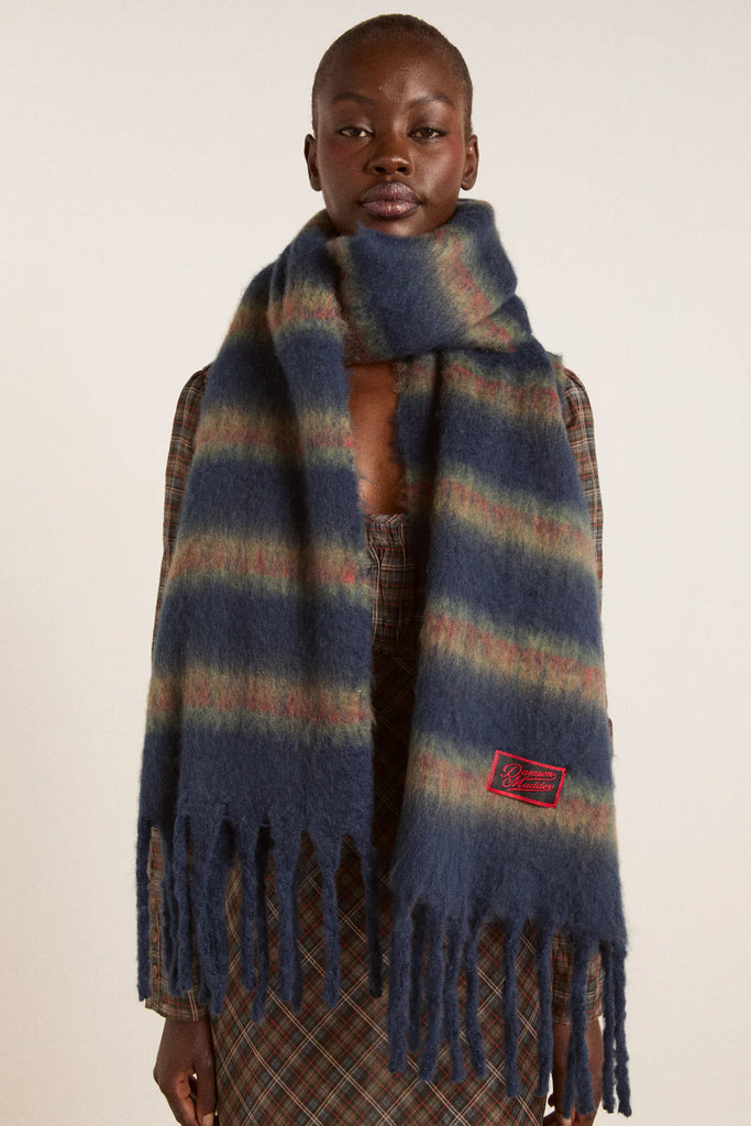 Brushed Oversized Scarf in Brown Blue Stripe