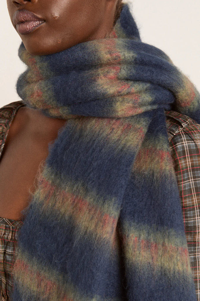 Brushed Oversized Scarf in Brown Blue Stripe