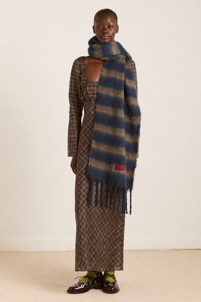 Brushed Oversized Scarf in Brown Blue Stripe