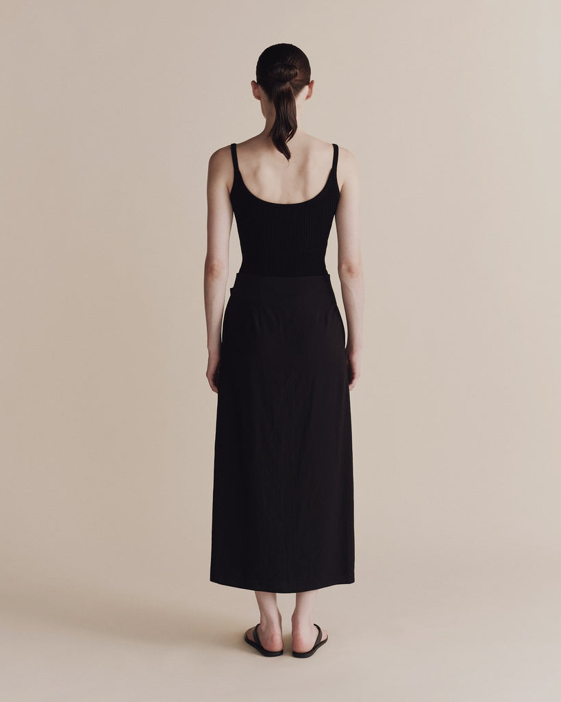 LINEN BLEND MAXI WRAP SKIRT IN BLACK