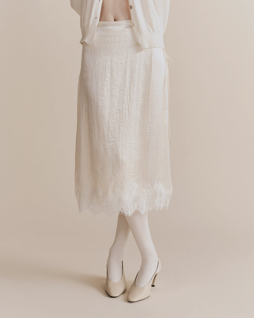 Lace Trim Satin Wrap Skirt in Ivory