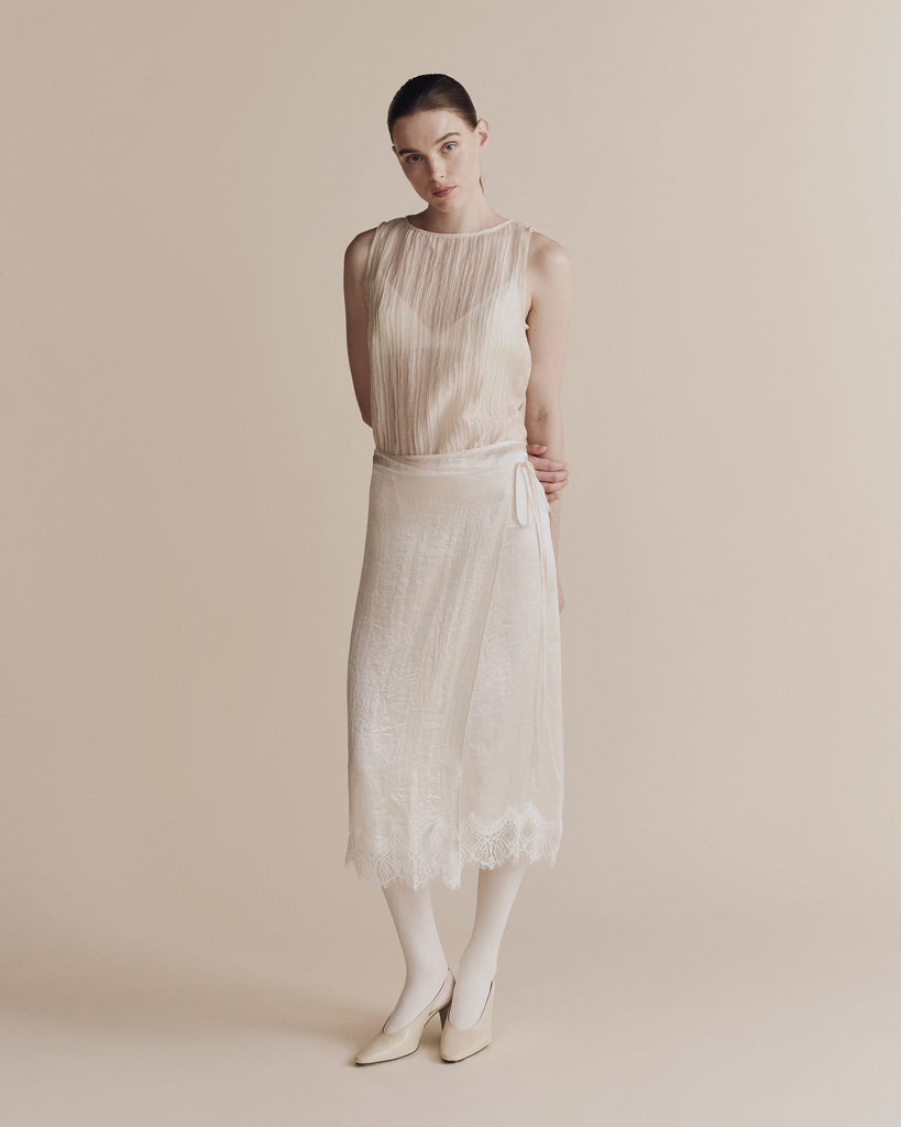 Lace Trim Satin Wrap Skirt in Ivory