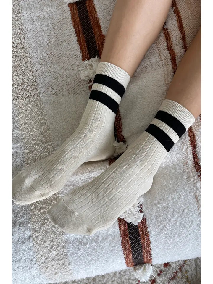 Varsity Ribbed Socks in Cream Black