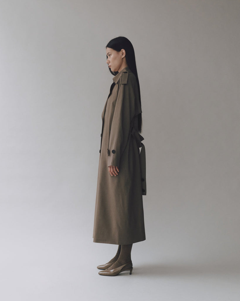 Wool Blend Long Trench in Light Olive