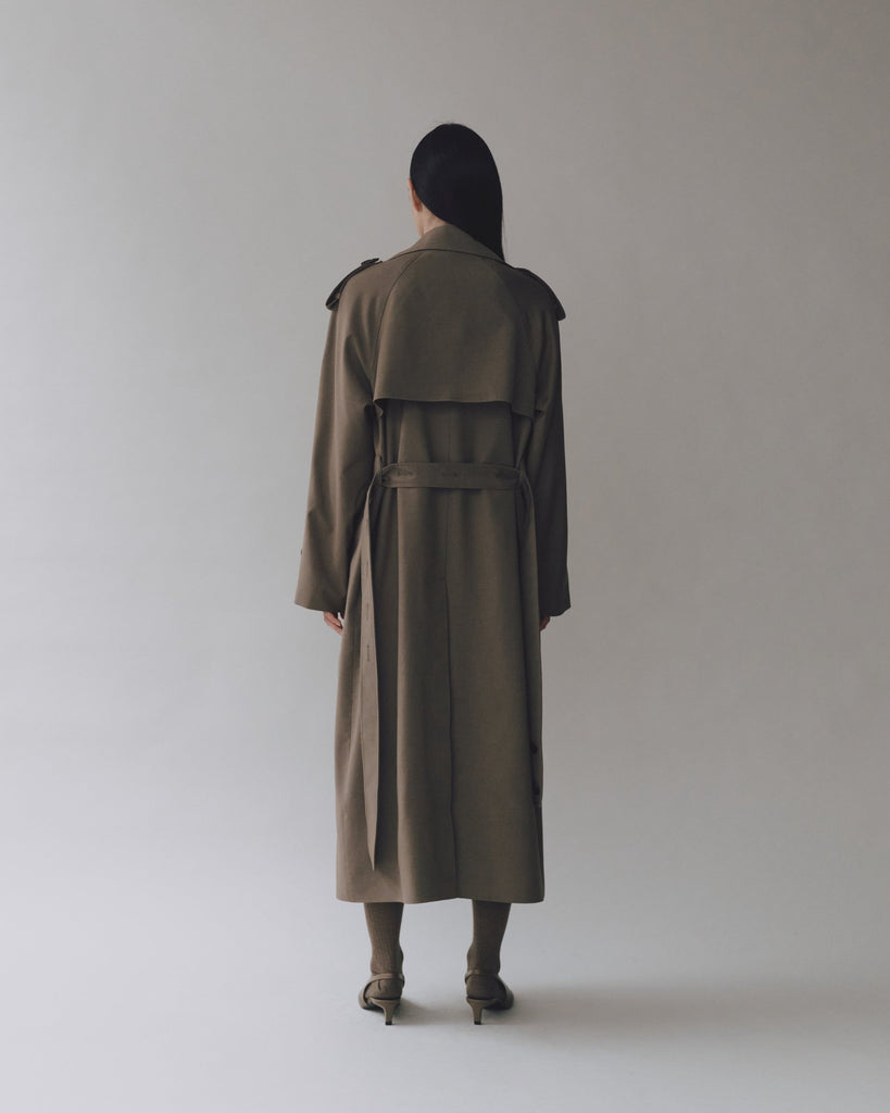 Wool Blend Long Trench in Light Olive