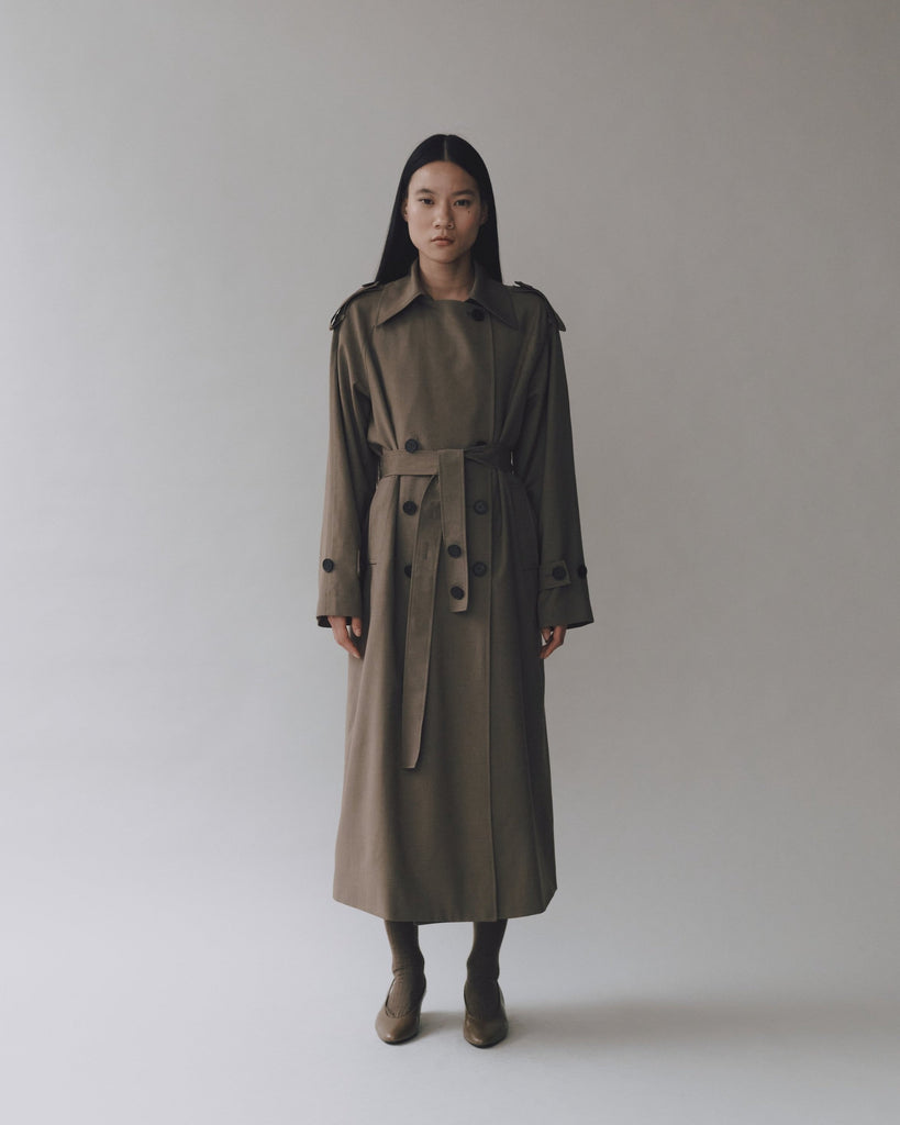 Wool Blend Long Trench in Light Olive