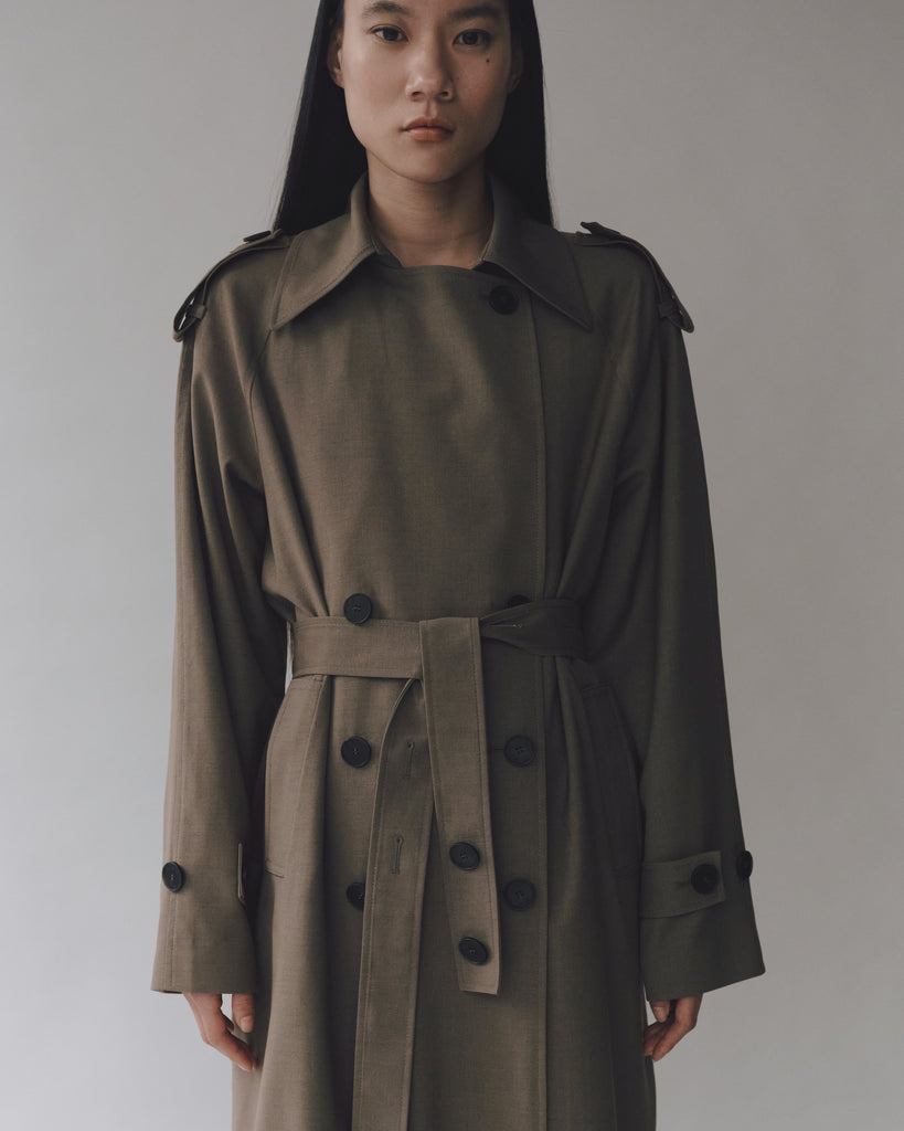 Wool Blend Long Trench in Light Olive