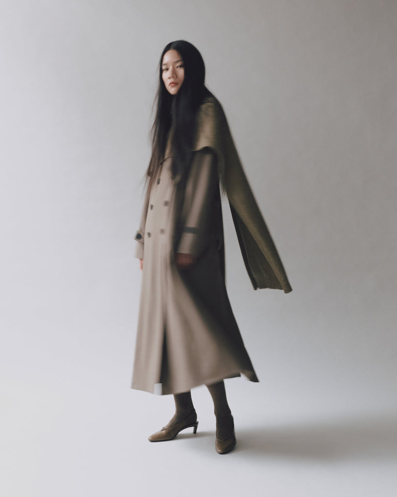 Wool Blend Long Trench in Light Olive