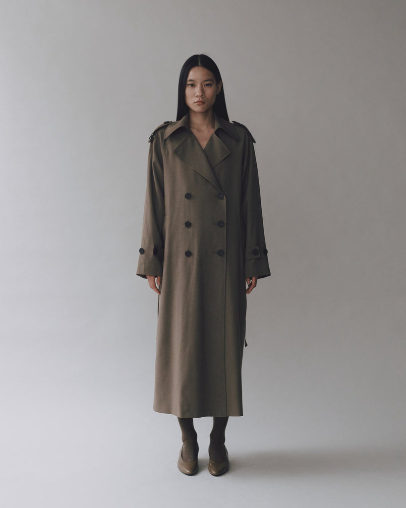 Wool Blend Long Trench in Light Olive