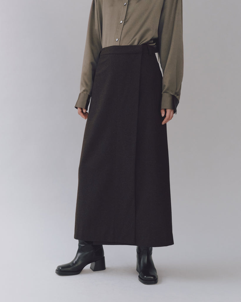 WOOL BLEND MAXI WRAP SKIRT IN BROWN