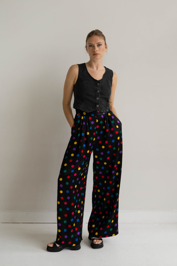 Black Multi Coloured Polka Dot Silky Trousers