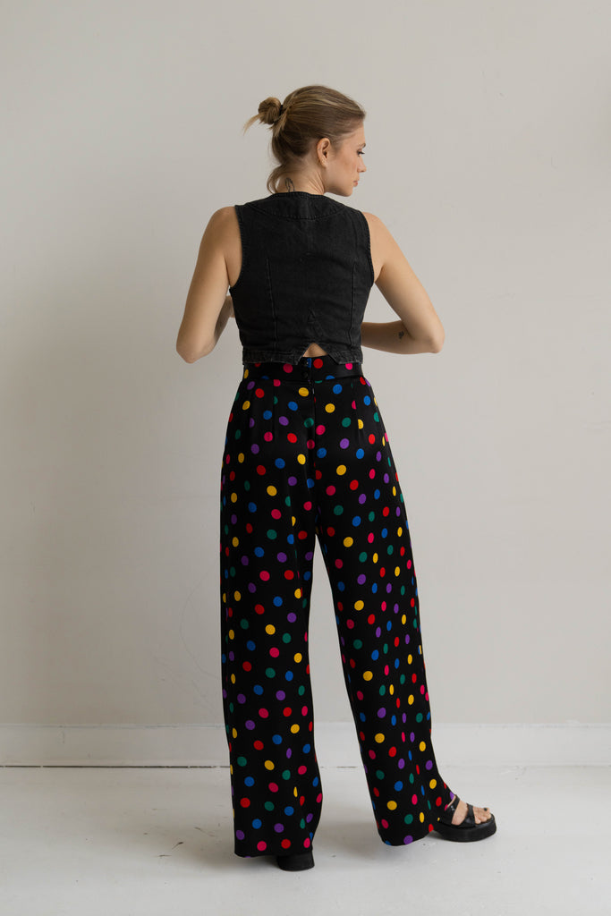 Black Multi Coloured Polka Dot Silky Trousers