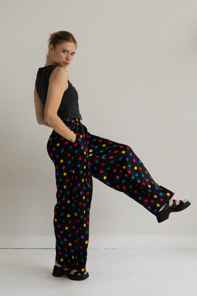 Black Multi Coloured Polka Dot Silky Trousers