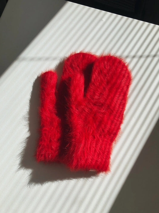 Fluffy Angora Mittens in Holly Red