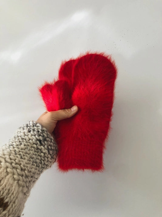 Fluffy Angora Mittens in Holly Red