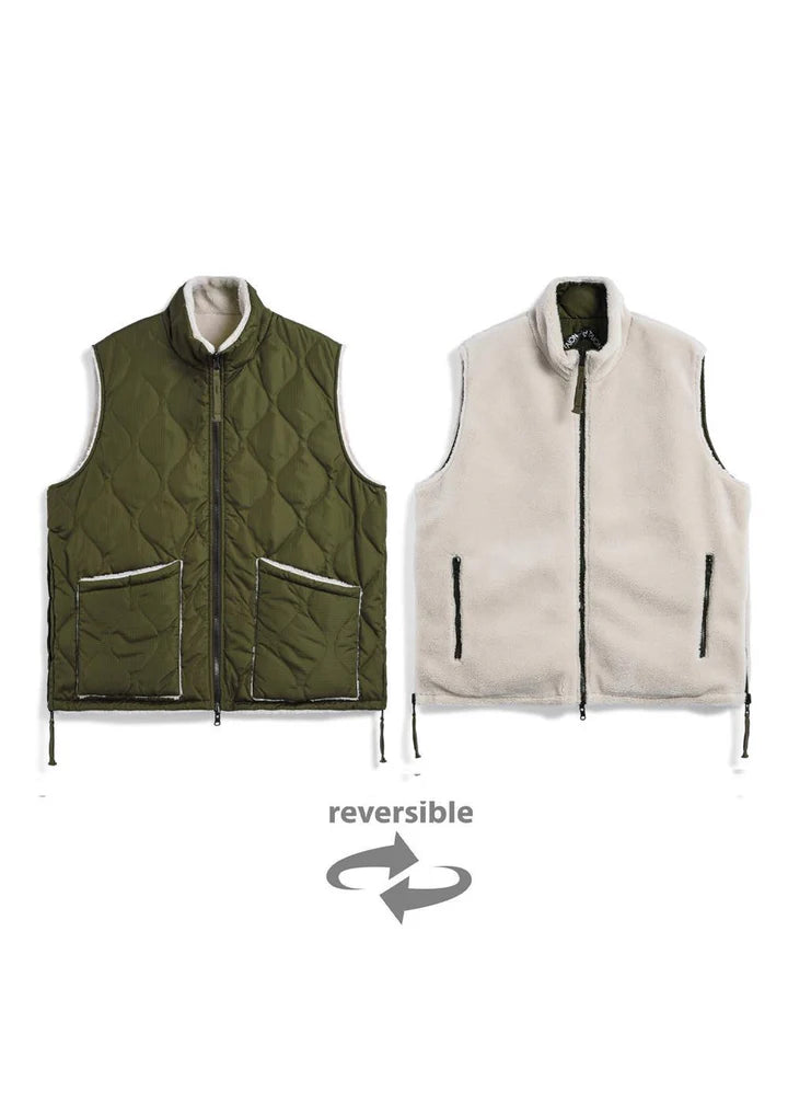 Reversible High Neck Down Vest in Olive and Cream